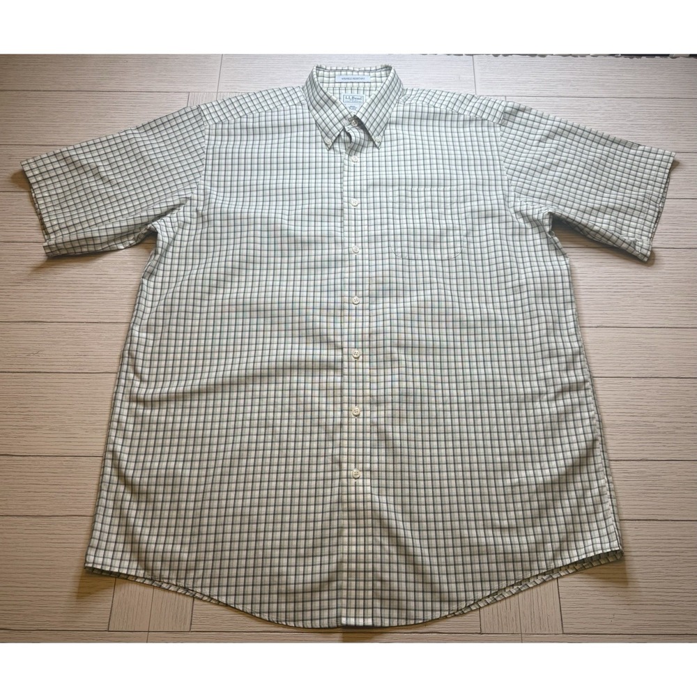 LL Bean Men's Short Sleeve Green, Gray Plaid Button Down. Wrinkle Resist. Sz XLT